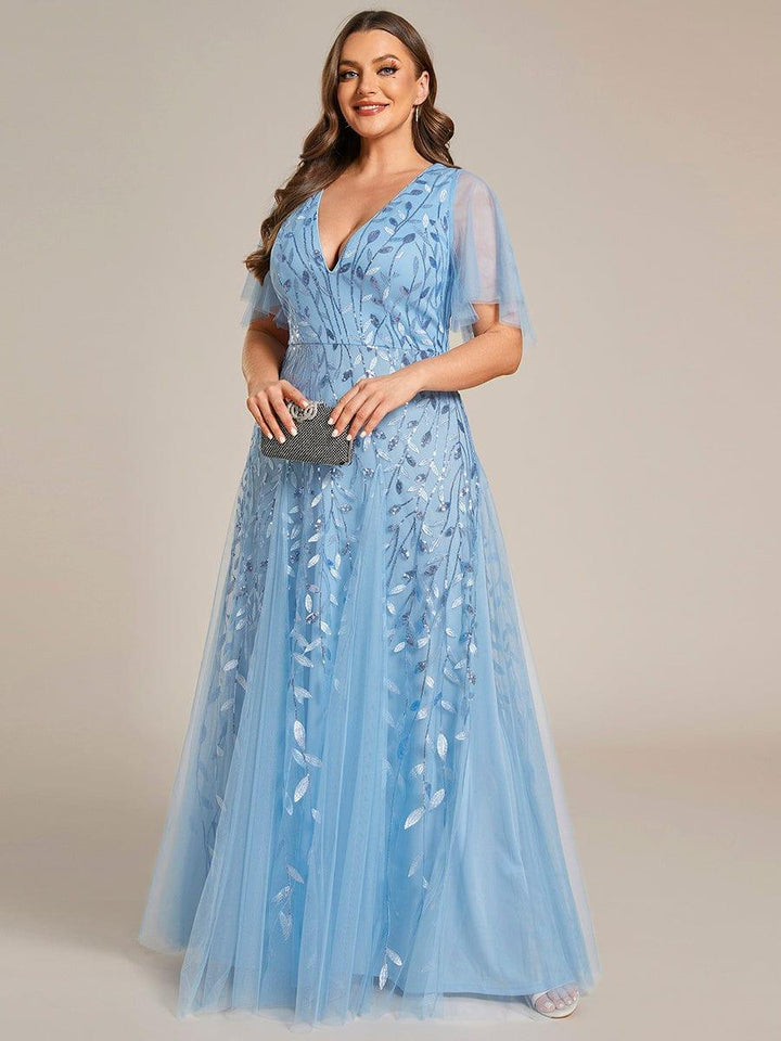 Plus size shimmery leaf sequin V-neck evening gown with ruffle sleeves for women