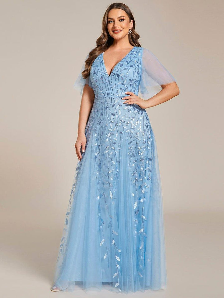 Plus size shimmery leaf sequin V-neck evening gown with ruffle sleeves for women