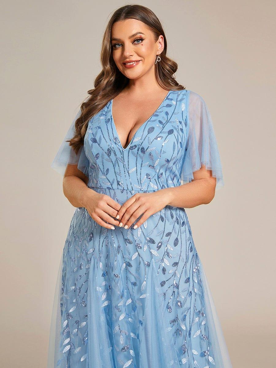 Plus size shimmery leaf sequin V-neck evening gown with ruffle sleeves for women
