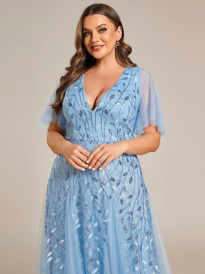 Plus size shimmery leaf sequin V-neck evening gown with ruffle sleeves for women
