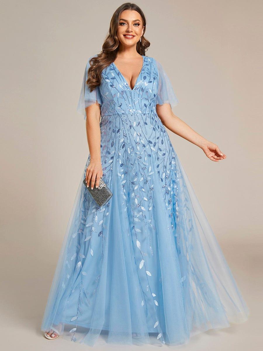 Plus size shimmery leaf sequin V-neck evening gown with ruffle sleeves for women