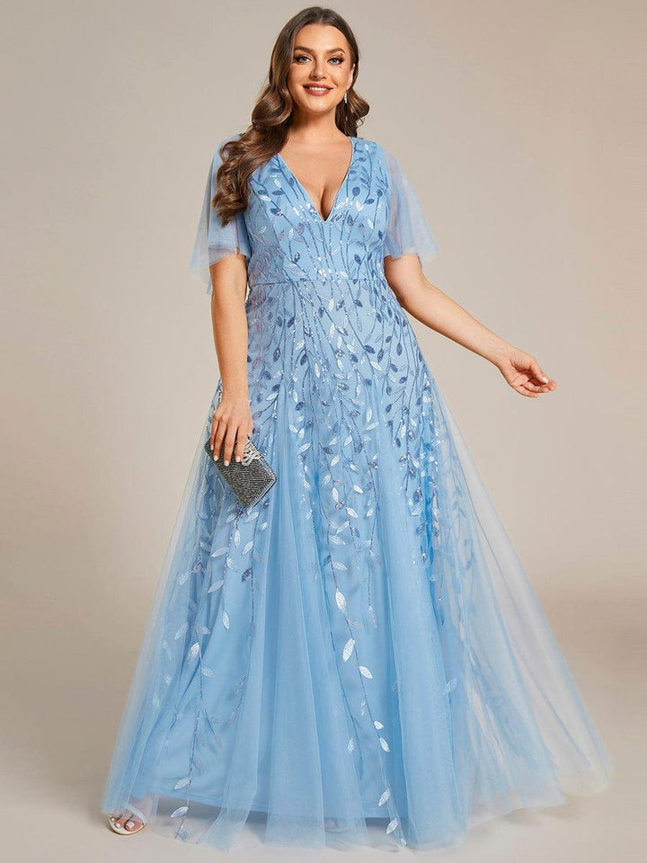 Plus size shimmery leaf sequin V-neck evening gown with ruffle sleeves for women
