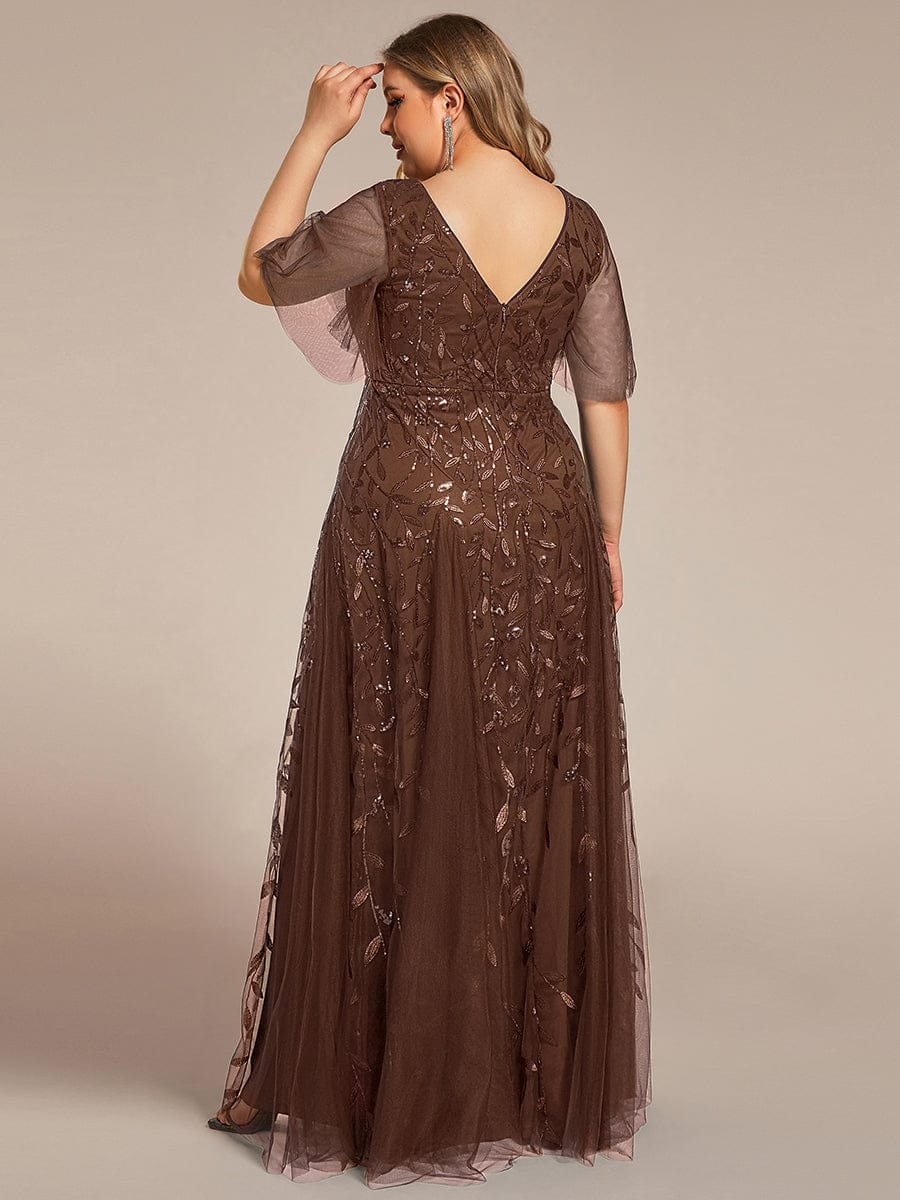Plus size shimmery leaf sequin V-neck evening gown with ruffle sleeves for women