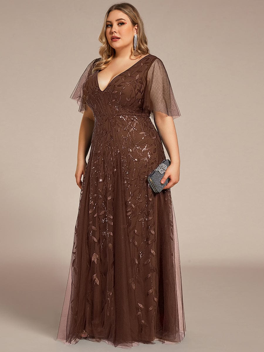 Plus size shimmery leaf sequin V-neck evening gown with ruffle sleeves for women
