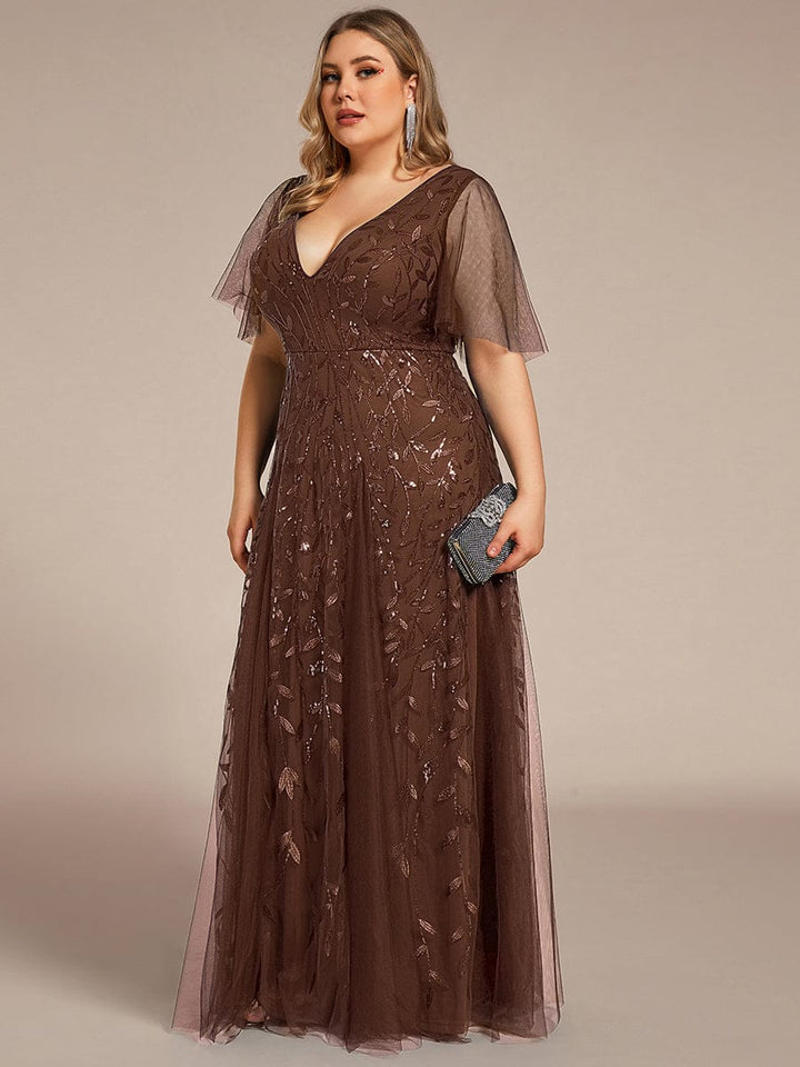 Plus size shimmery leaf sequin V-neck evening gown with ruffle sleeves for women