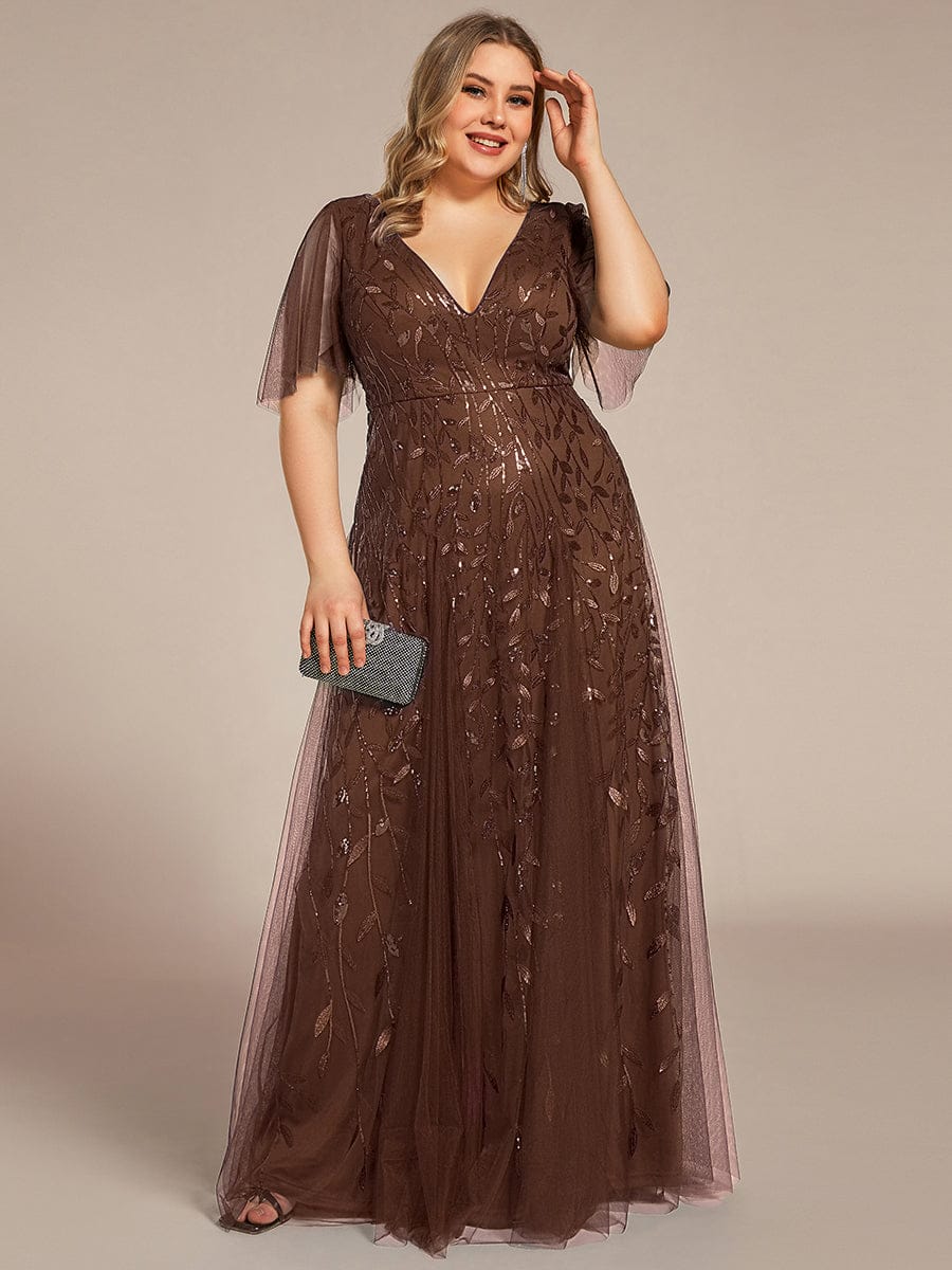 Plus size shimmery leaf sequin V-neck evening gown with ruffle sleeves for women