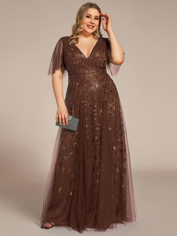 Plus size shimmery leaf sequin V-neck evening gown with ruffle sleeves for women