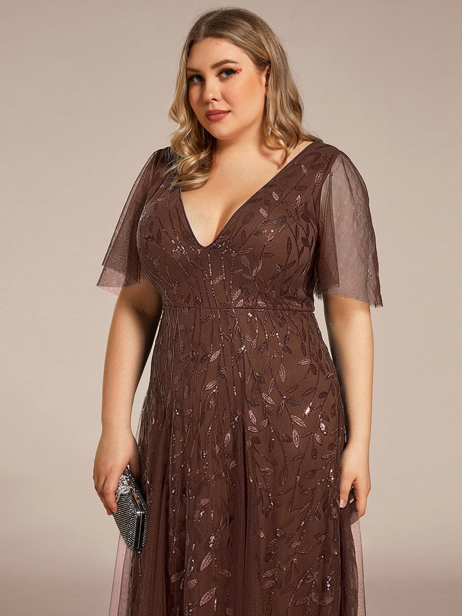 Plus size shimmery leaf sequin V-neck evening gown with ruffle sleeves for women