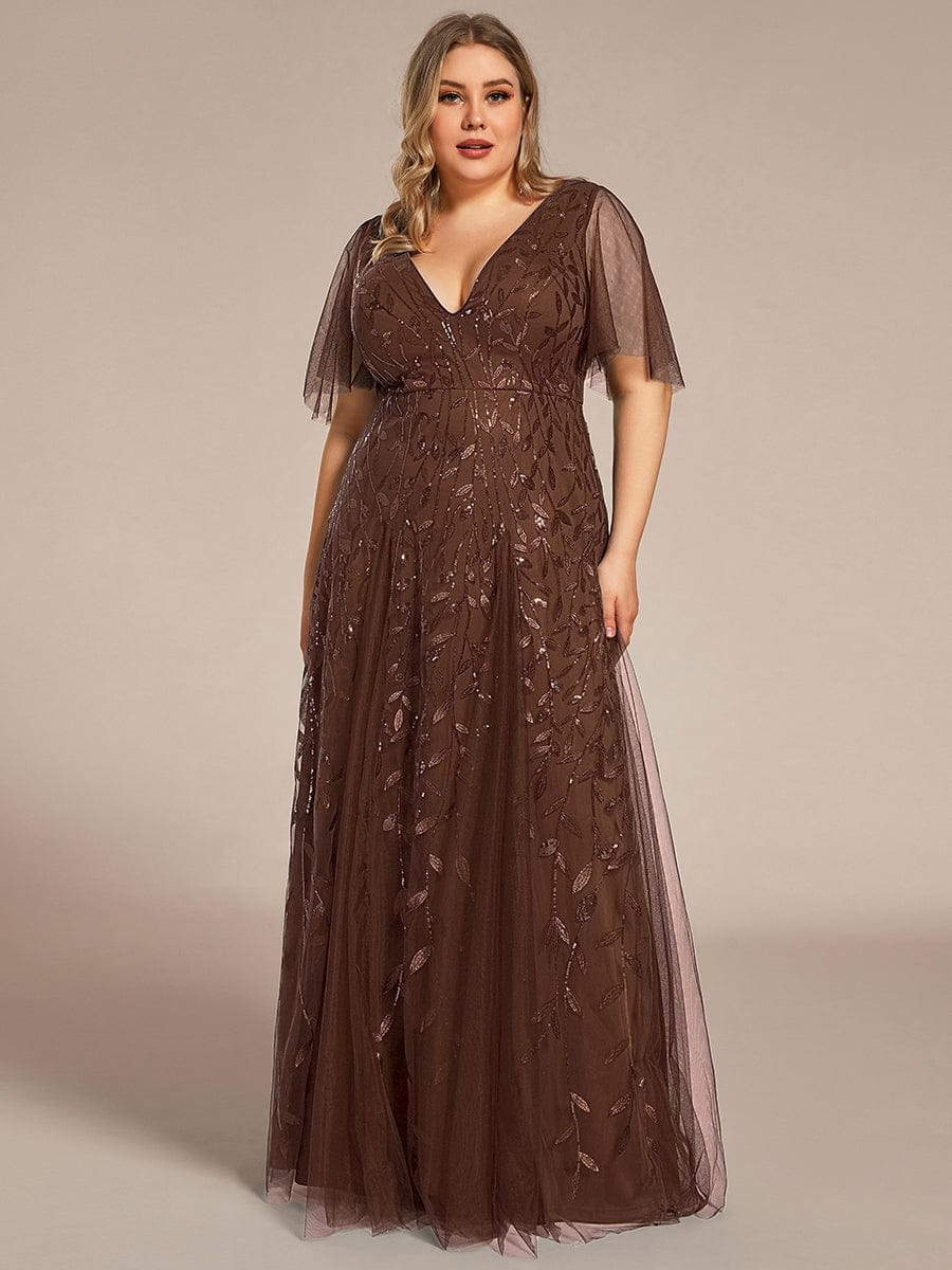 Plus size shimmery leaf sequin V-neck evening gown with ruffle sleeves for women