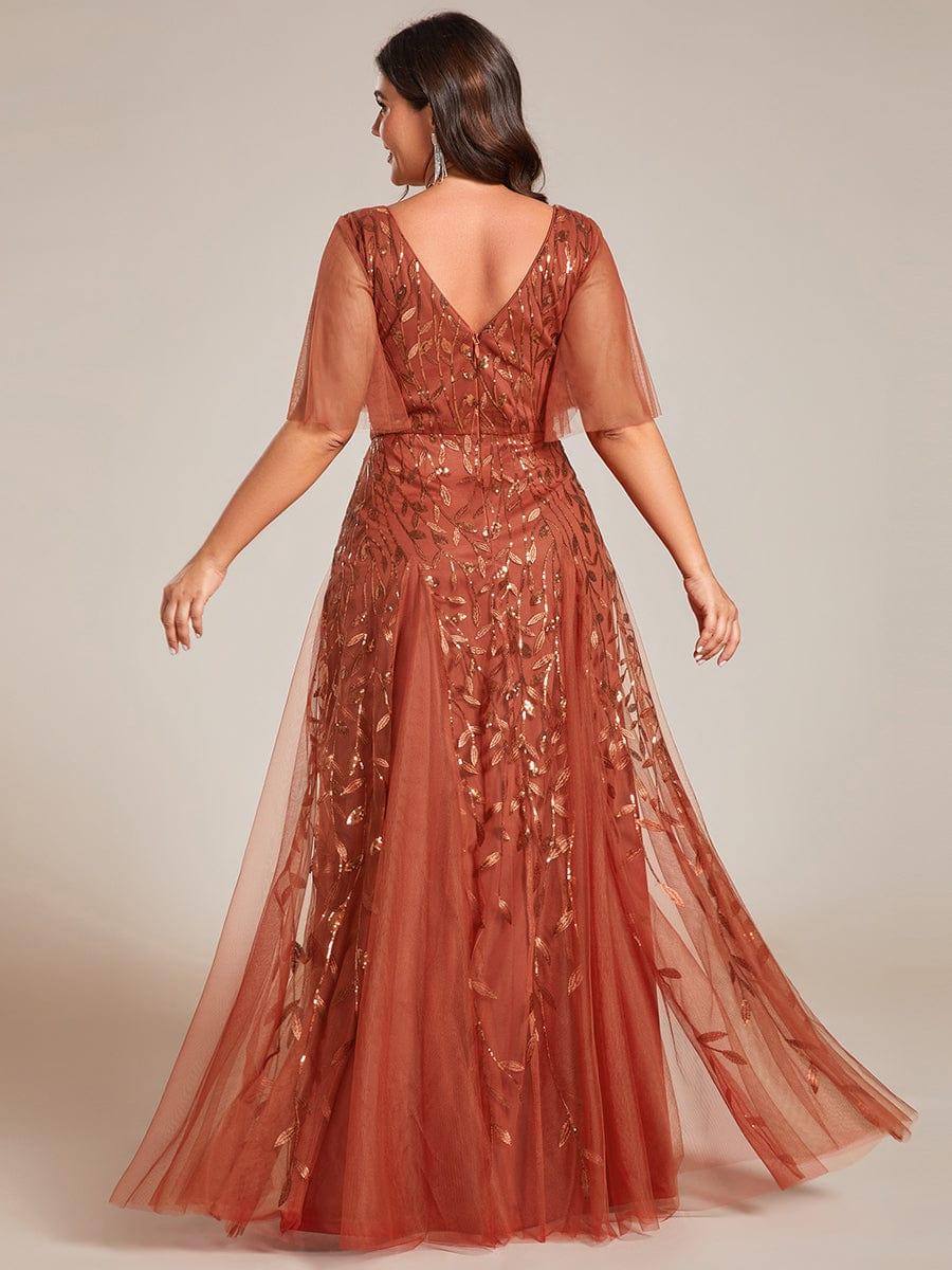 Plus size shimmery leaf sequin V-neck evening gown with ruffle sleeves for women
