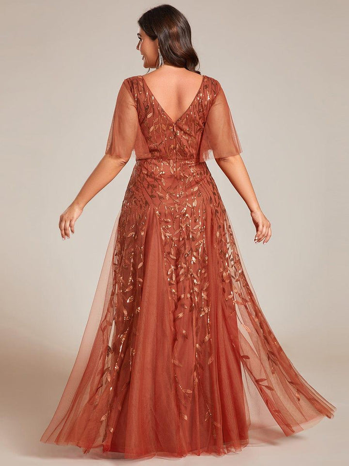 Plus size shimmery leaf sequin V-neck evening gown with ruffle sleeves for women