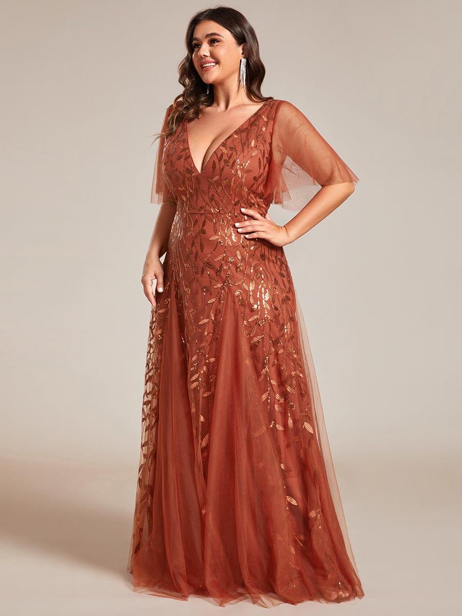 Plus size shimmery leaf sequin V-neck evening gown with ruffle sleeves for women