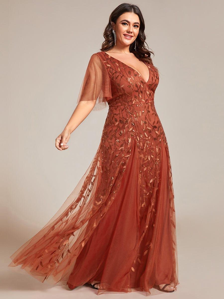 Plus size shimmery leaf sequin V-neck evening gown with ruffle sleeves for women