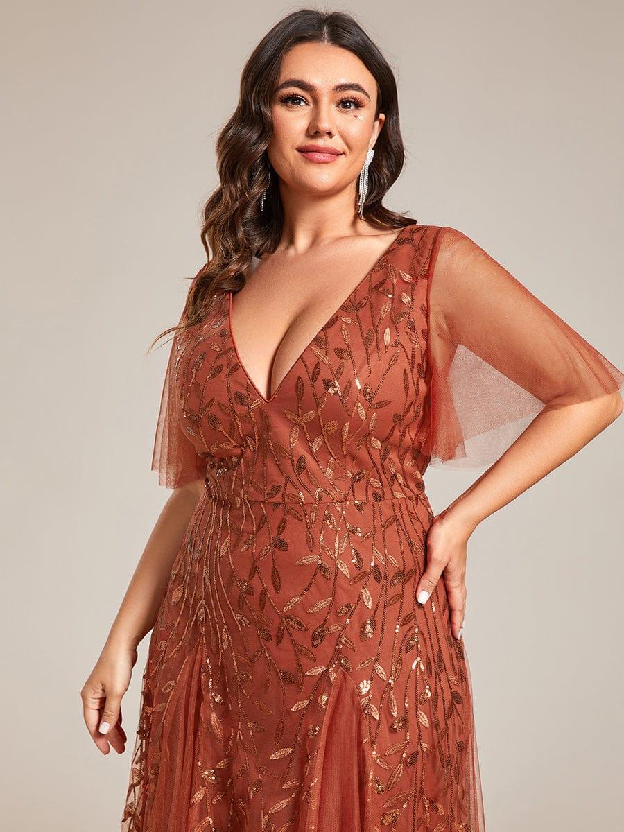 Plus size shimmery leaf sequin V-neck evening gown with ruffle sleeves for women