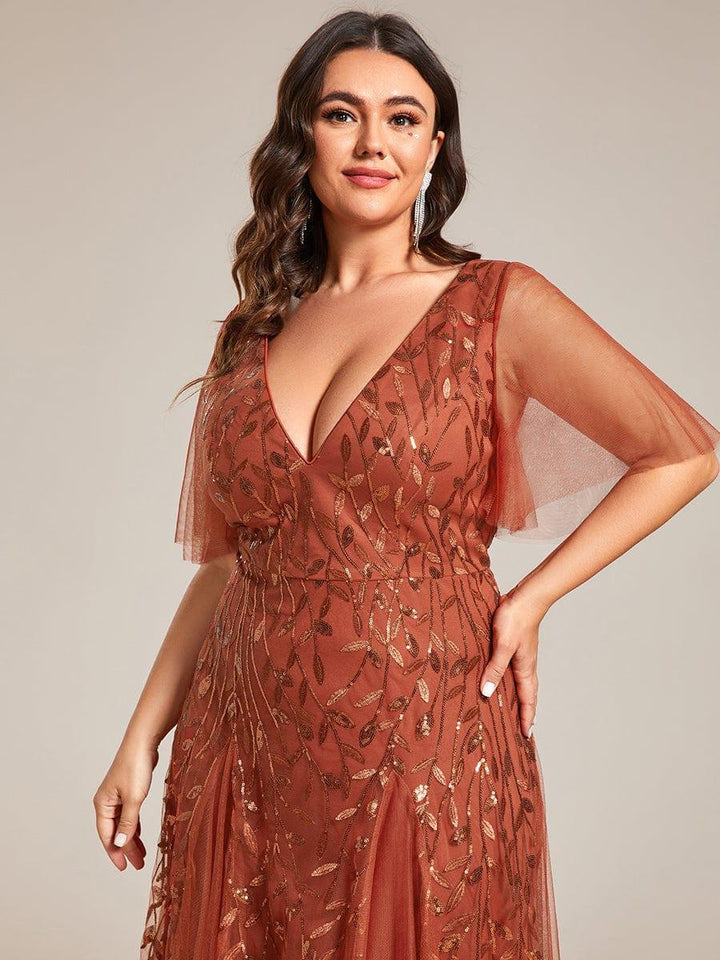 Plus size shimmery leaf sequin V-neck evening gown with ruffle sleeves for women