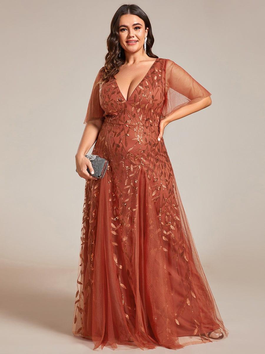 Plus size shimmery leaf sequin V-neck evening gown with ruffle sleeves for women