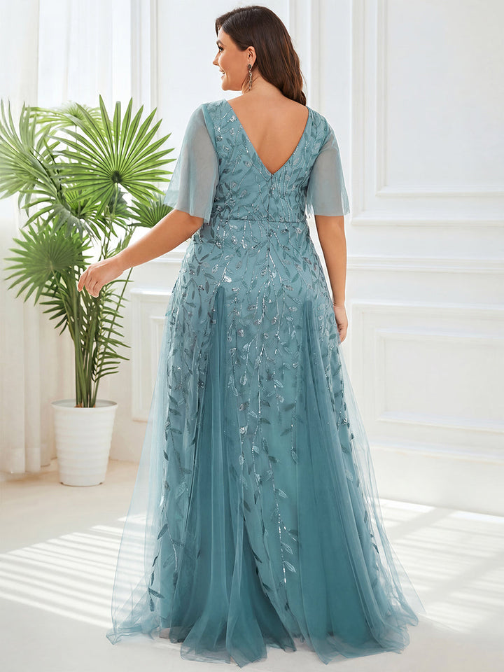 Plus size shimmery leaf sequin V-neck evening gown with ruffle sleeves for women