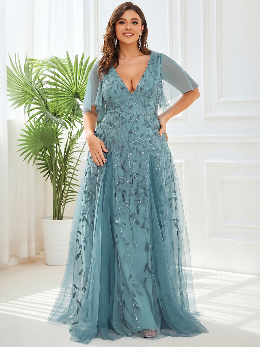 Plus size shimmery leaf sequin V-neck evening gown with ruffle sleeves for women