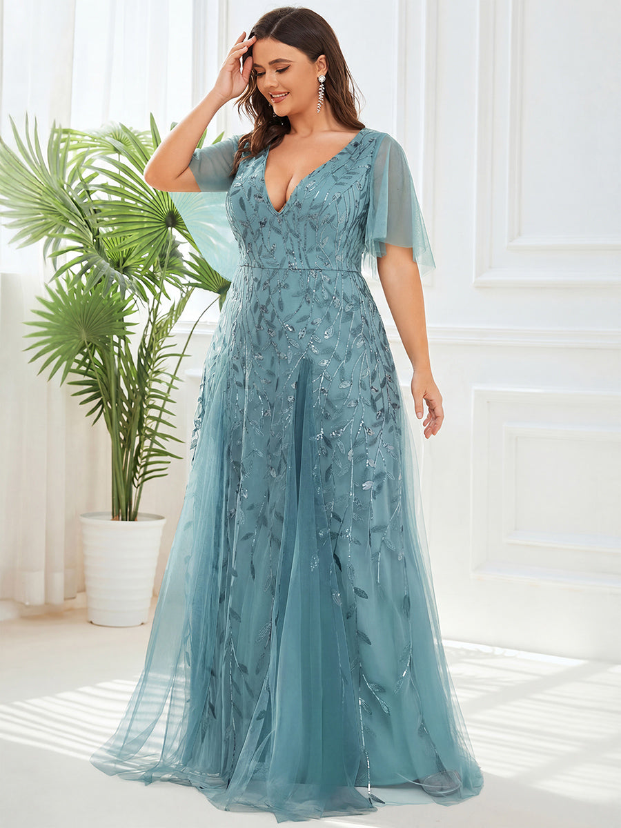 Plus size shimmery leaf sequin V-neck evening gown with ruffle sleeves for women