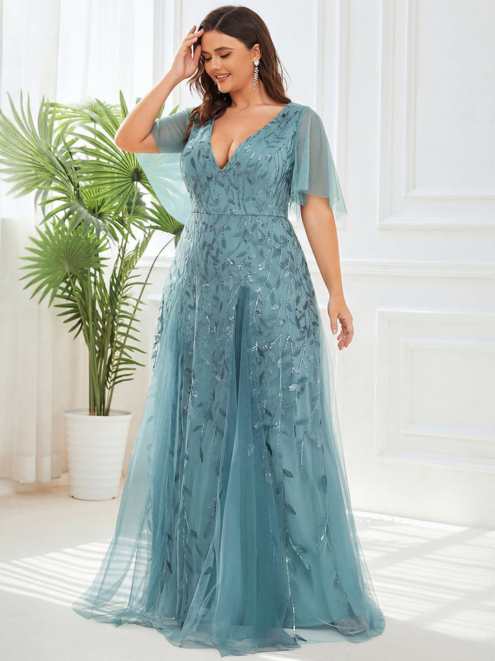 Plus size shimmery leaf sequin V-neck evening gown with ruffle sleeves for women