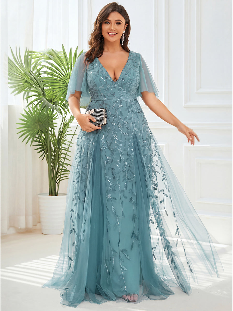 Plus size shimmery leaf sequin V-neck evening gown with ruffle sleeves for women