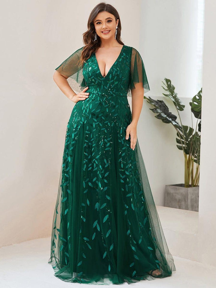 Plus size shimmery leaf sequin V-neck evening gown with ruffle sleeves for women