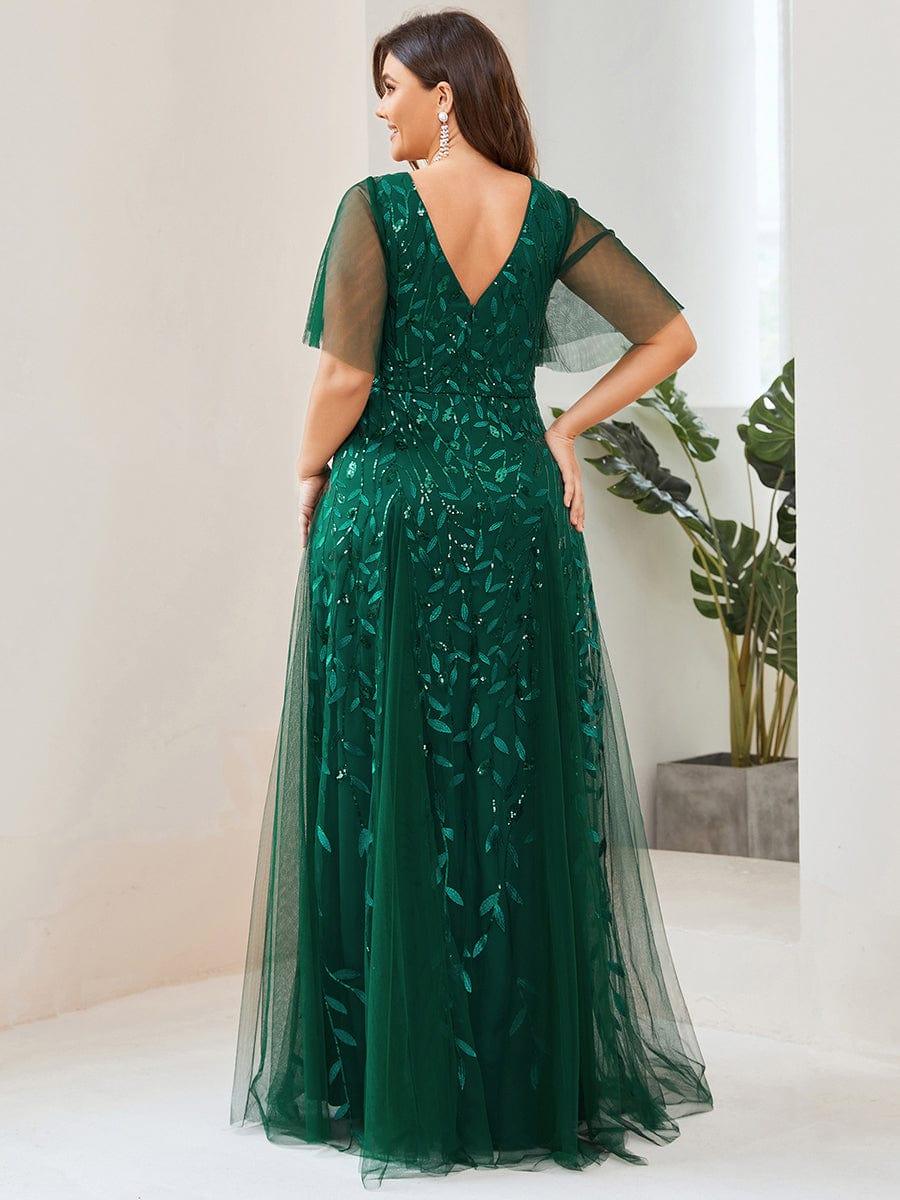 Plus size shimmery leaf sequin V-neck evening gown with ruffle sleeves for women