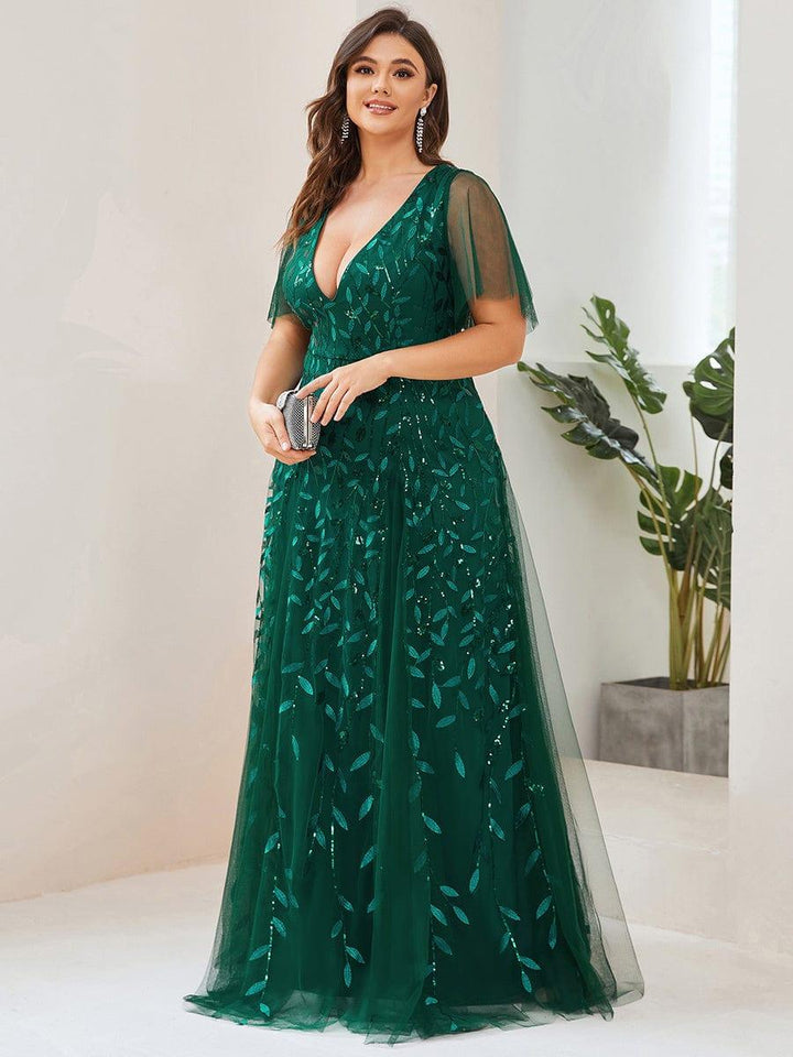 Plus size shimmery leaf sequin V-neck evening gown with ruffle sleeves for women