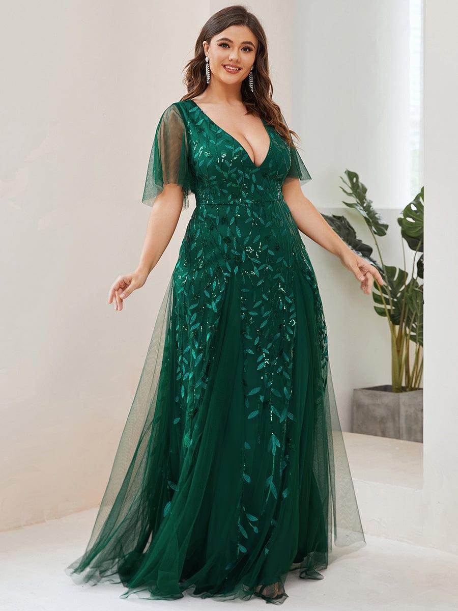 Plus size shimmery leaf sequin V-neck evening gown with ruffle sleeves for women