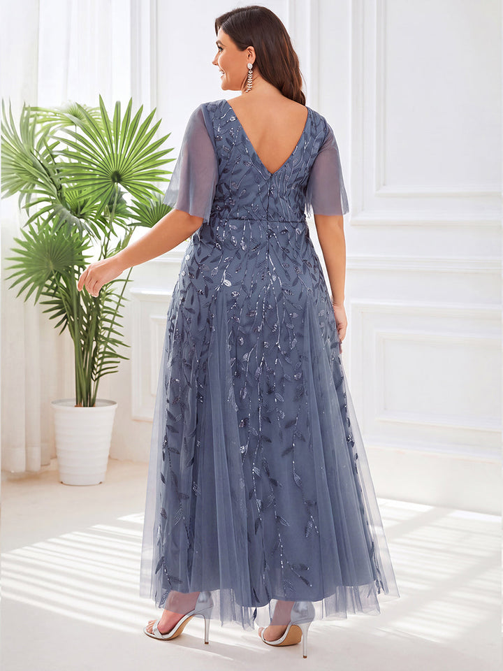 Plus size shimmery leaf sequin V-neck evening gown with ruffle sleeves for women
