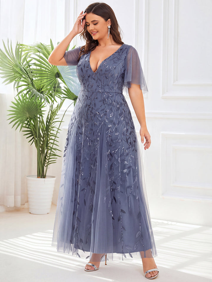 Plus size shimmery leaf sequin V-neck evening gown with ruffle sleeves for women