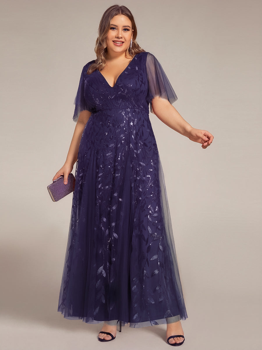 Plus size shimmery leaf sequin V-neck evening gown with ruffle sleeves for women