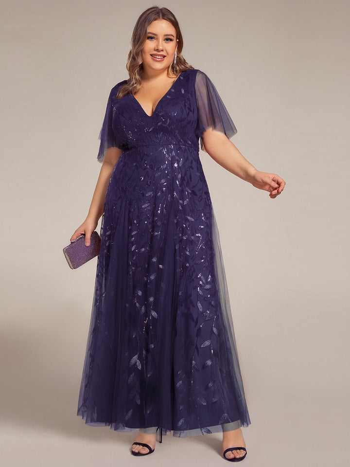 Plus size shimmery leaf sequin V-neck evening gown with ruffle sleeves for women