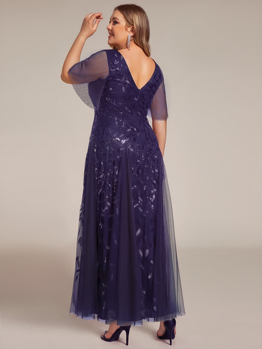 Plus size shimmery leaf sequin V-neck evening gown with ruffle sleeves for women