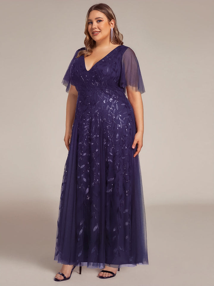 Plus size shimmery leaf sequin V-neck evening gown with ruffle sleeves for women