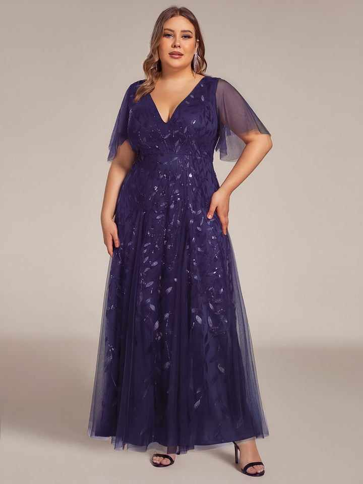 Plus size shimmery leaf sequin V-neck evening gown with ruffle sleeves for women