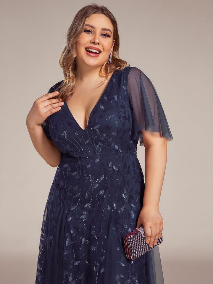 Plus size shimmery leaf sequin V-neck evening gown with ruffle sleeves for women