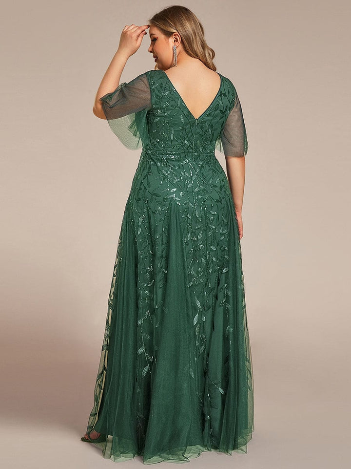 Plus size shimmery leaf sequin V-neck evening gown with ruffle sleeves for women