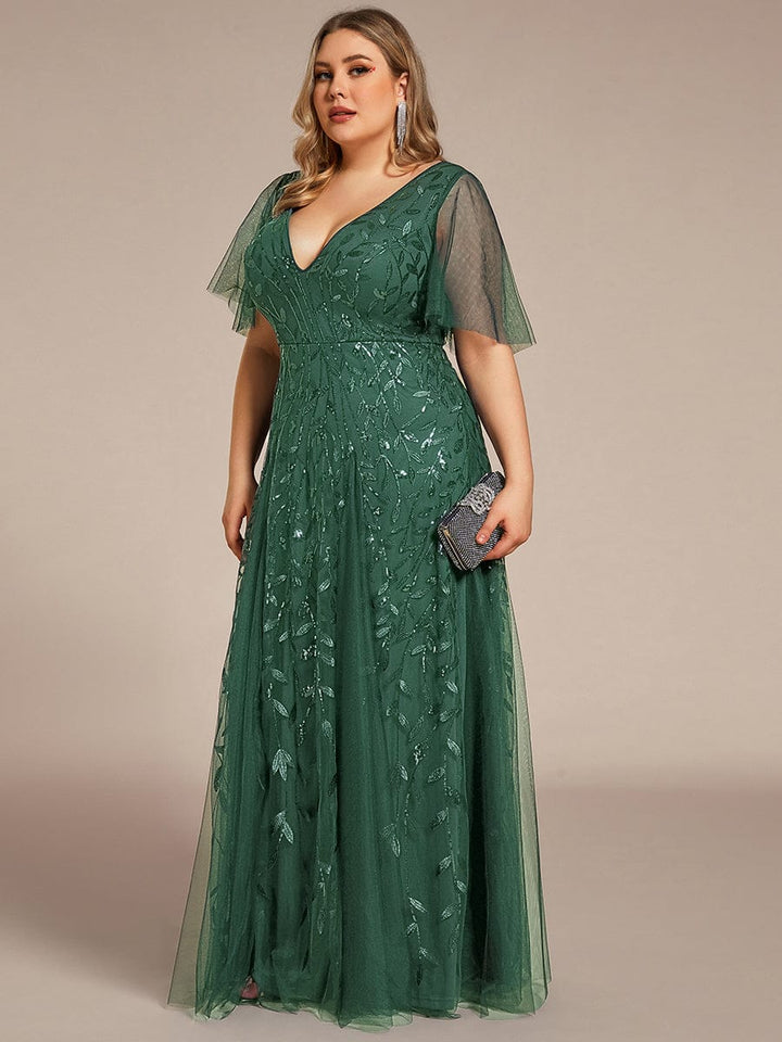 Plus size shimmery leaf sequin V-neck evening gown with ruffle sleeves for women