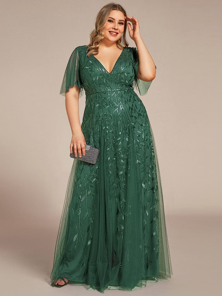 Plus size shimmery leaf sequin V-neck evening gown with ruffle sleeves for women