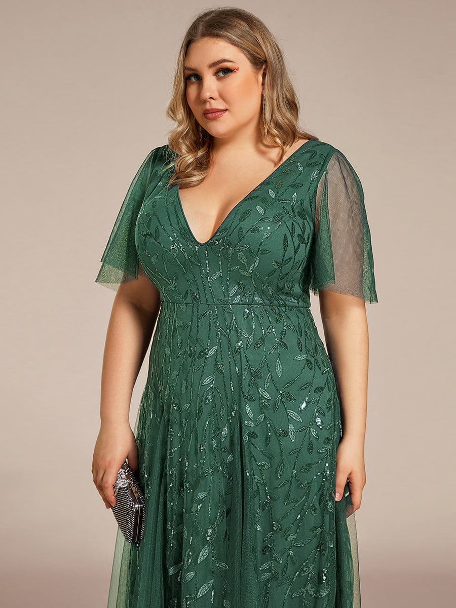Plus size shimmery leaf sequin V-neck evening gown with ruffle sleeves for women