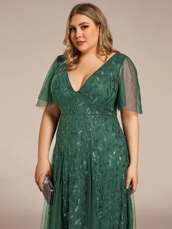 Plus size shimmery leaf sequin V-neck evening gown with ruffle sleeves for women