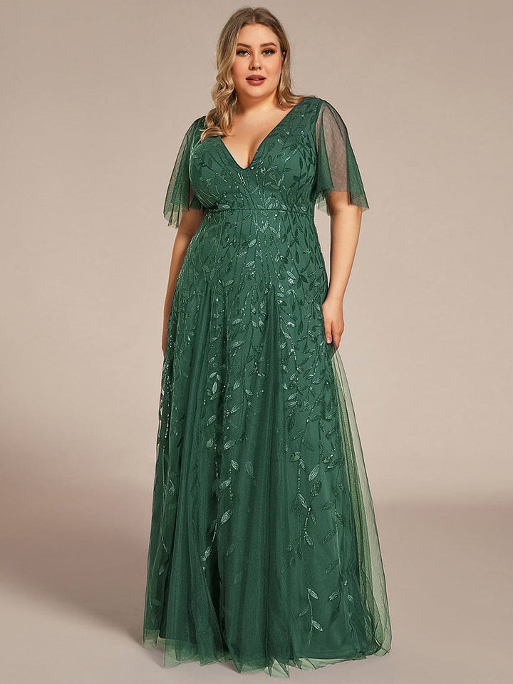 Plus size shimmery leaf sequin V-neck evening gown with ruffle sleeves for women