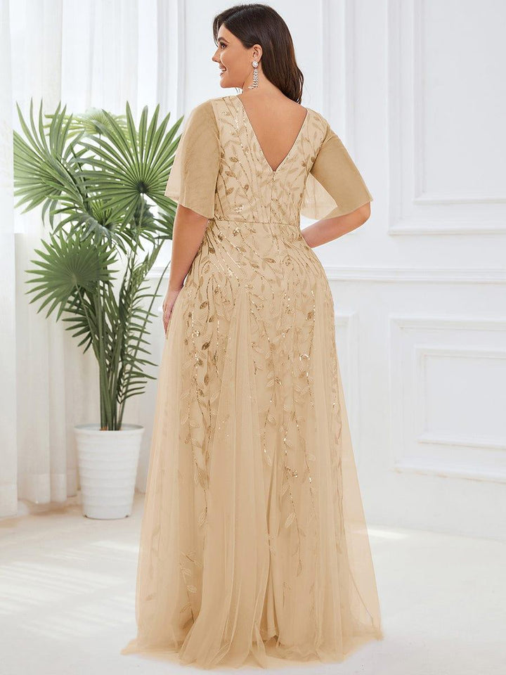 Plus size shimmery leaf sequin V-neck evening gown with ruffle sleeves for women