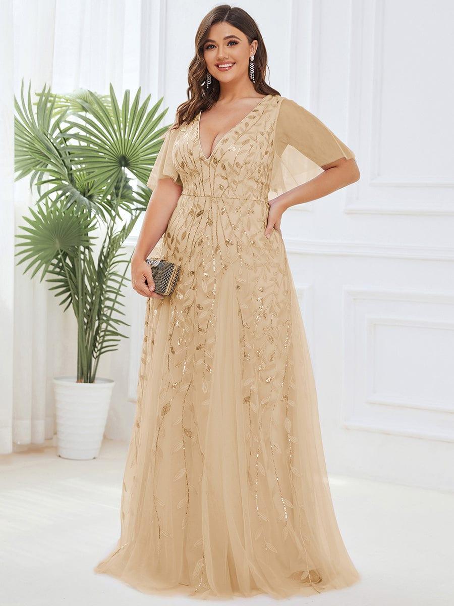 Plus size shimmery leaf sequin V-neck evening gown with ruffle sleeves for women
