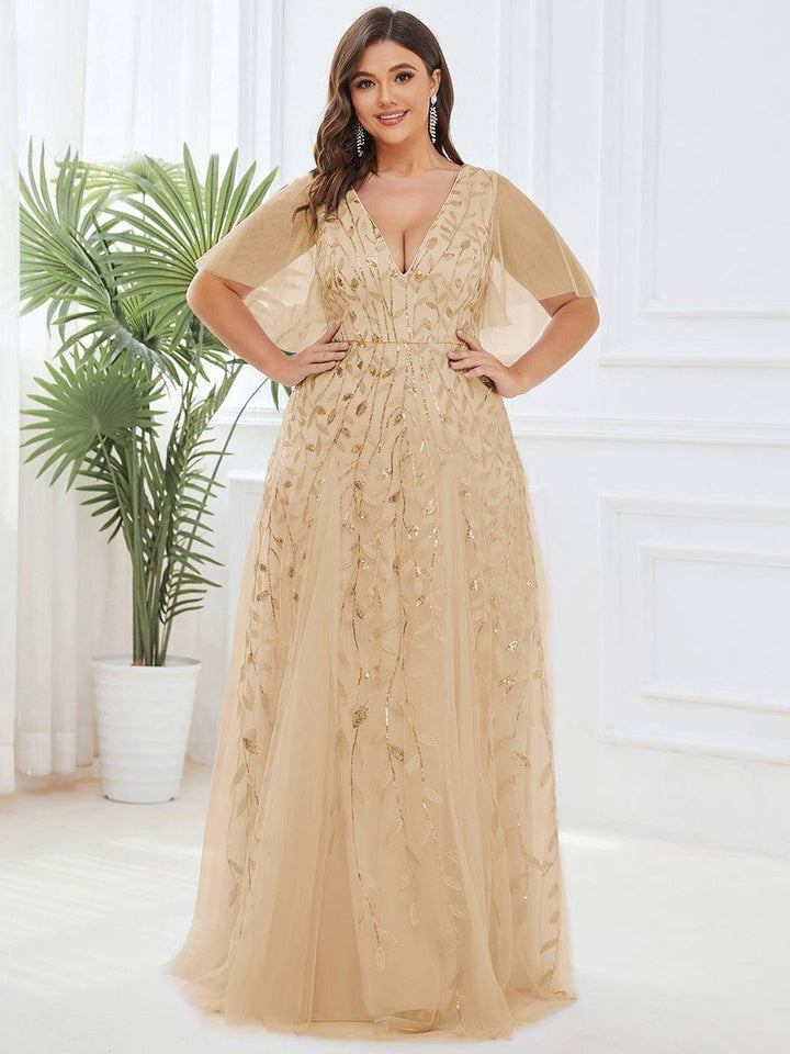 Plus size shimmery leaf sequin V-neck evening gown with ruffle sleeves for women
