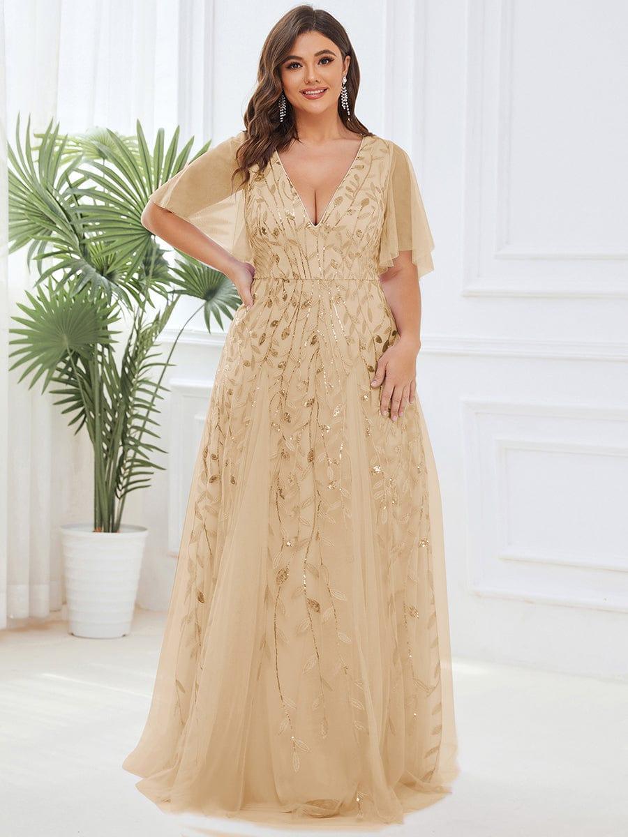 Plus size shimmery leaf sequin V-neck evening gown with ruffle sleeves for women