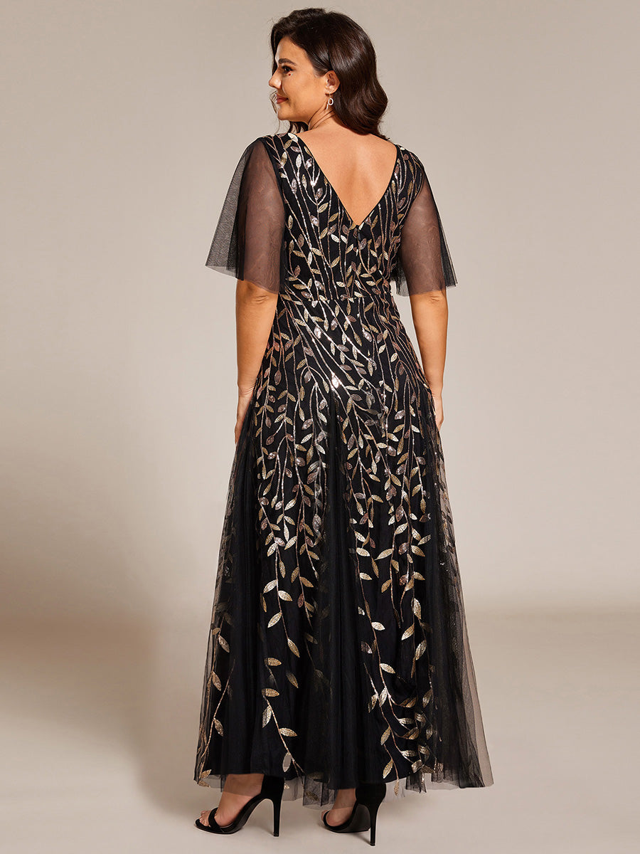 Plus size shimmery leaf sequin V-neck evening gown with ruffle sleeves for women