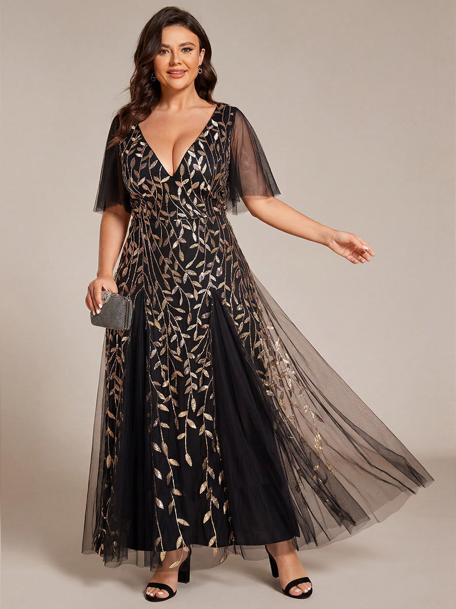 Plus size shimmery leaf sequin V-neck evening gown with ruffle sleeves for women