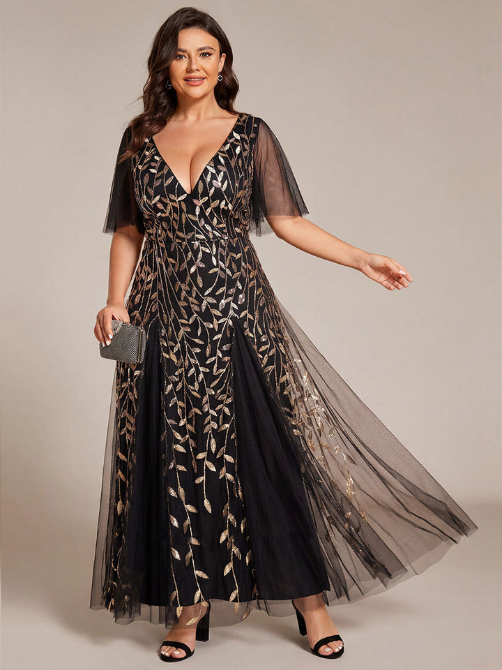 Plus size shimmery leaf sequin V-neck evening gown with ruffle sleeves for women